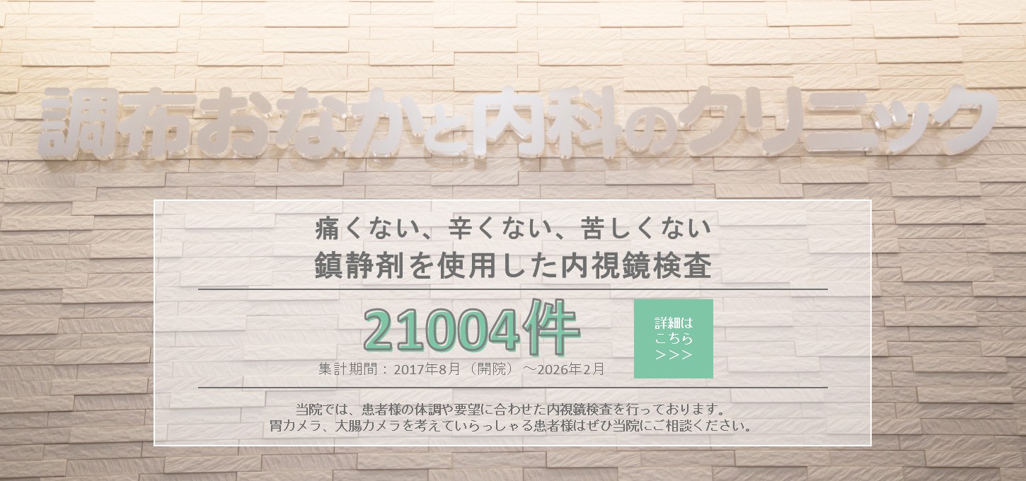 鎮静下内視鏡検査（胃カメラ・大腸カメラ）の案内と、累計21,004件（2017年8月〜2026年2月）／月平均約204件を掲載したバナー画像