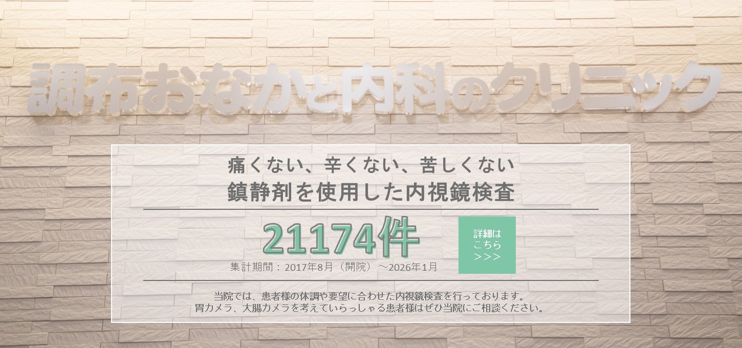 鎮静下内視鏡検査（胃カメラ・大腸カメラ）の案内と、累計21,174件（2017年8月〜2026年3月）／月平均約204件を掲載したバナー画像