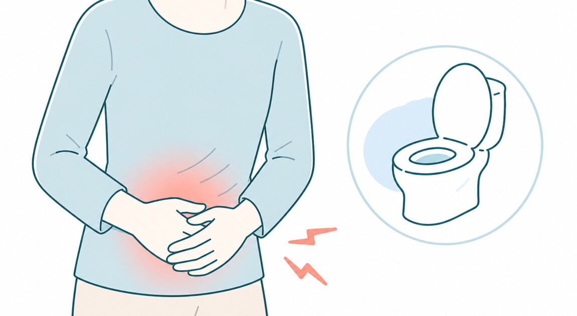 腹痛や下痢、トイレが近くなるなど潰瘍性大腸炎の症状を示したイラスト。調布おなかと内科クリニックでは大腸内視鏡検査が可能です
