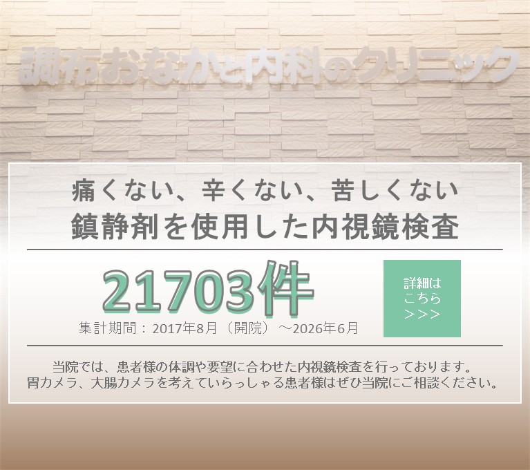 鎮静下内視鏡検査（胃カメラ・大腸カメラ）の案内と、累計21,703件（2017年8月〜2026年6月）／月平均約211件を掲載したバナー画像