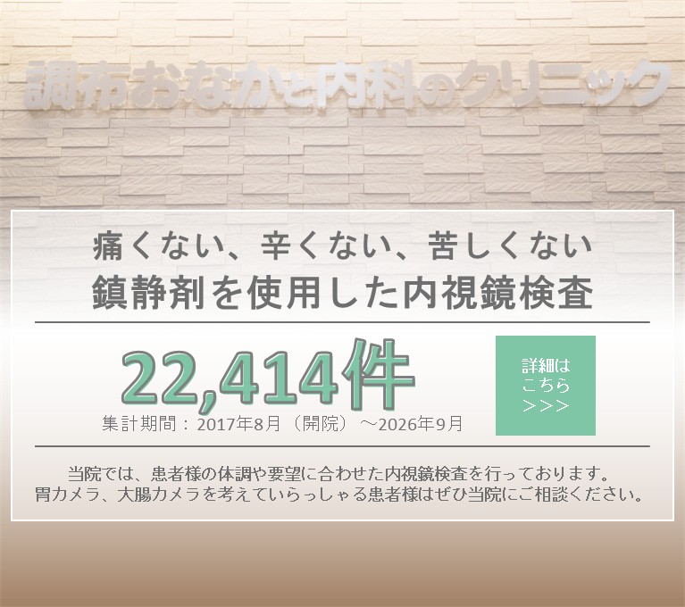 鎮静下内視鏡検査（胃カメラ・大腸カメラ）の案内と、累計22,414件（2017年8月〜2026年9月）／月平均約204件を掲載したバナー画像